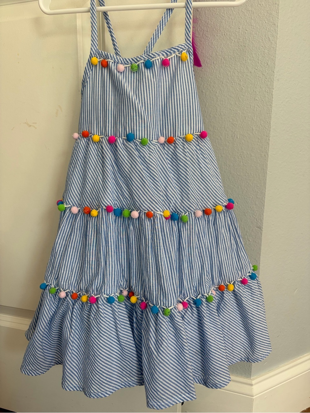 Maggie & Zoe Blue and White Stripe Pom-Pom Tiered Sundress